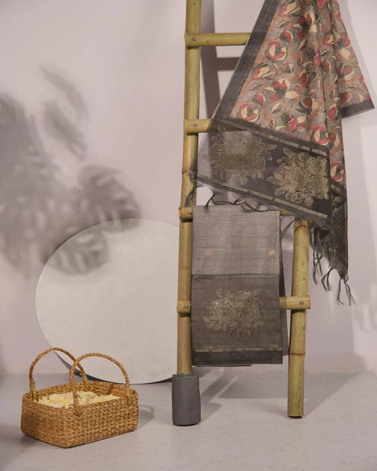 Prussian Blue Floral Semi Tussar Silk Unstitched Suit with Zari Border