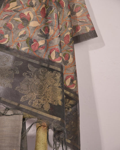 Graphite Grey and Antique Gold Semi Tussar Silk Unstitched Suit Set