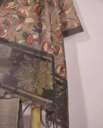 Prussian Blue Floral Semi Tussar Silk Unstitched Suit with Zari Border