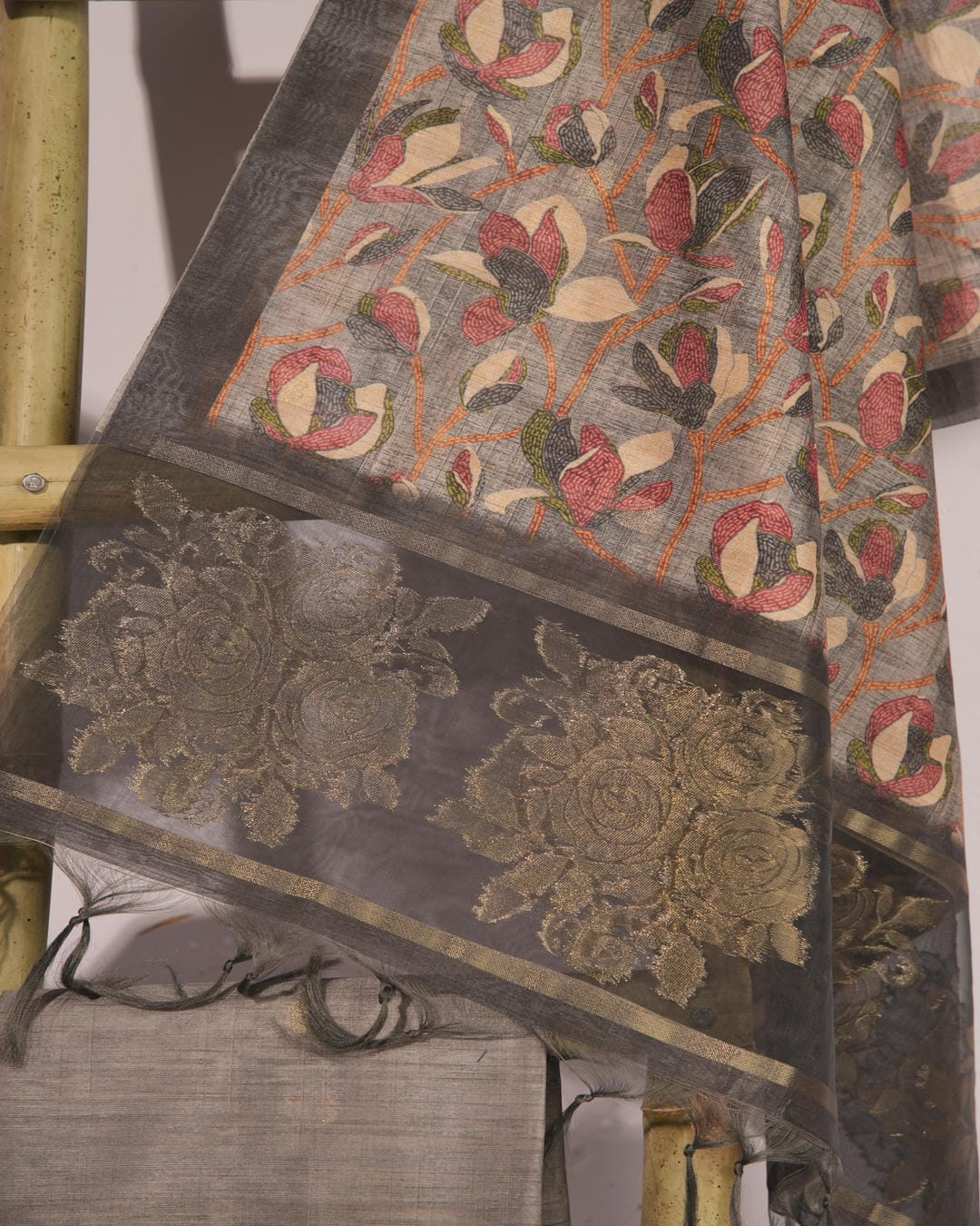 Graphite Grey and Antique Gold Semi Tussar Silk Unstitched Suit Set