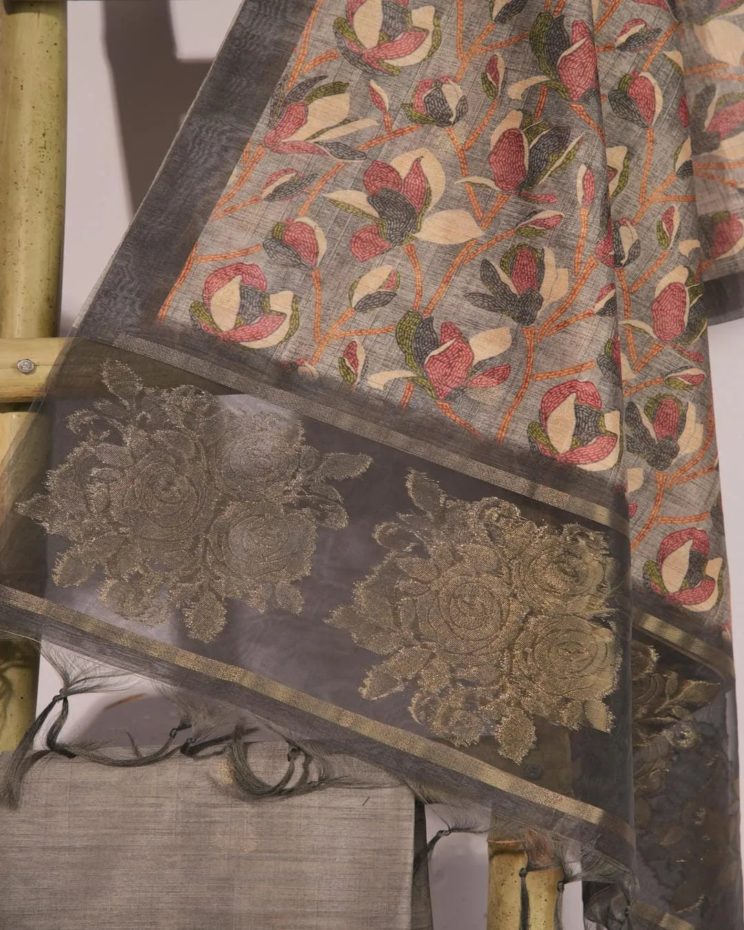 Prussian Blue Floral Semi Tussar Silk Unstitched Suit with Zari Border