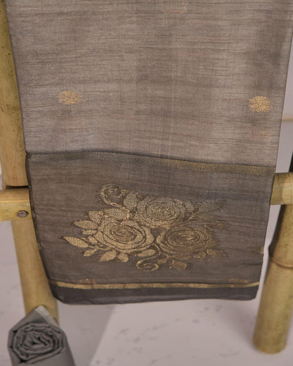 Graphite Grey and Antique Gold Semi Tussar Silk Unstitched Suit Set