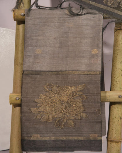 Graphite Grey and Antique Gold Semi Tussar Silk Unstitched Suit Set