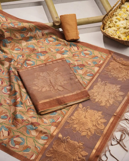 Prussian Blue Floral Semi Tussar Silk Unstitched Suit with Zari Border