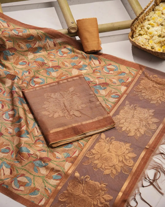 Amber Radiance – Mustard Yellow Semi Tussar Silk Unstitched Suit