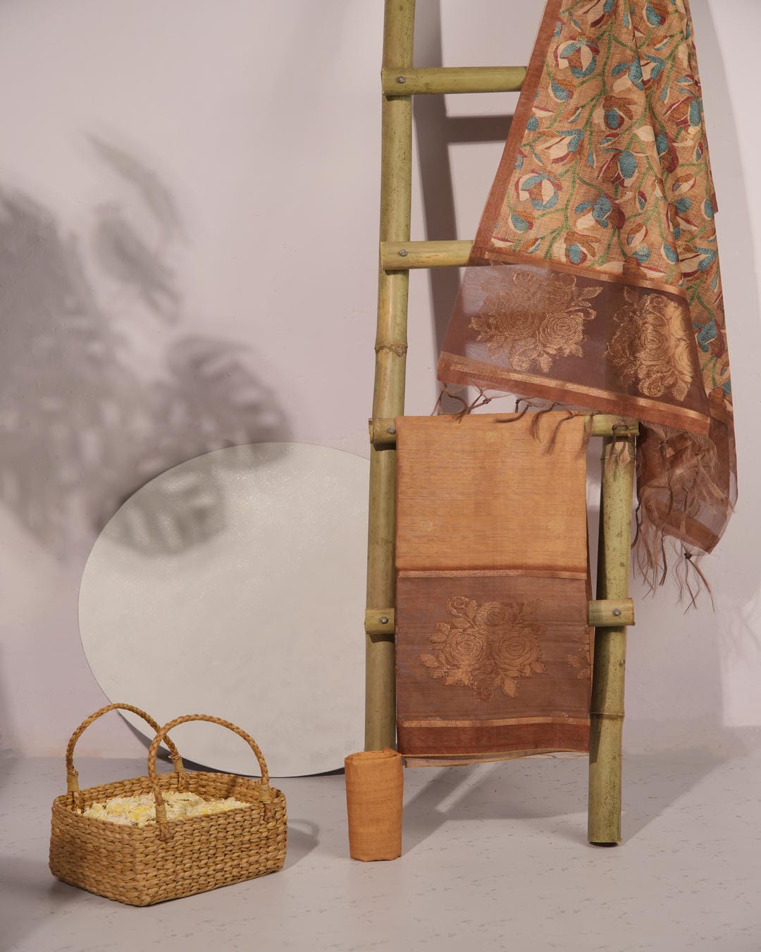 Terracotta Brown and Antique Copper Semi Tussar Silk Unstitched Suit Set.