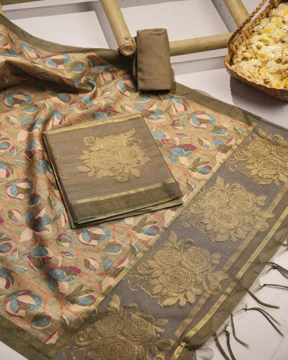 Olive Floral Semi Tussar Silk Unstitched Suit Material with Woven Zari Border