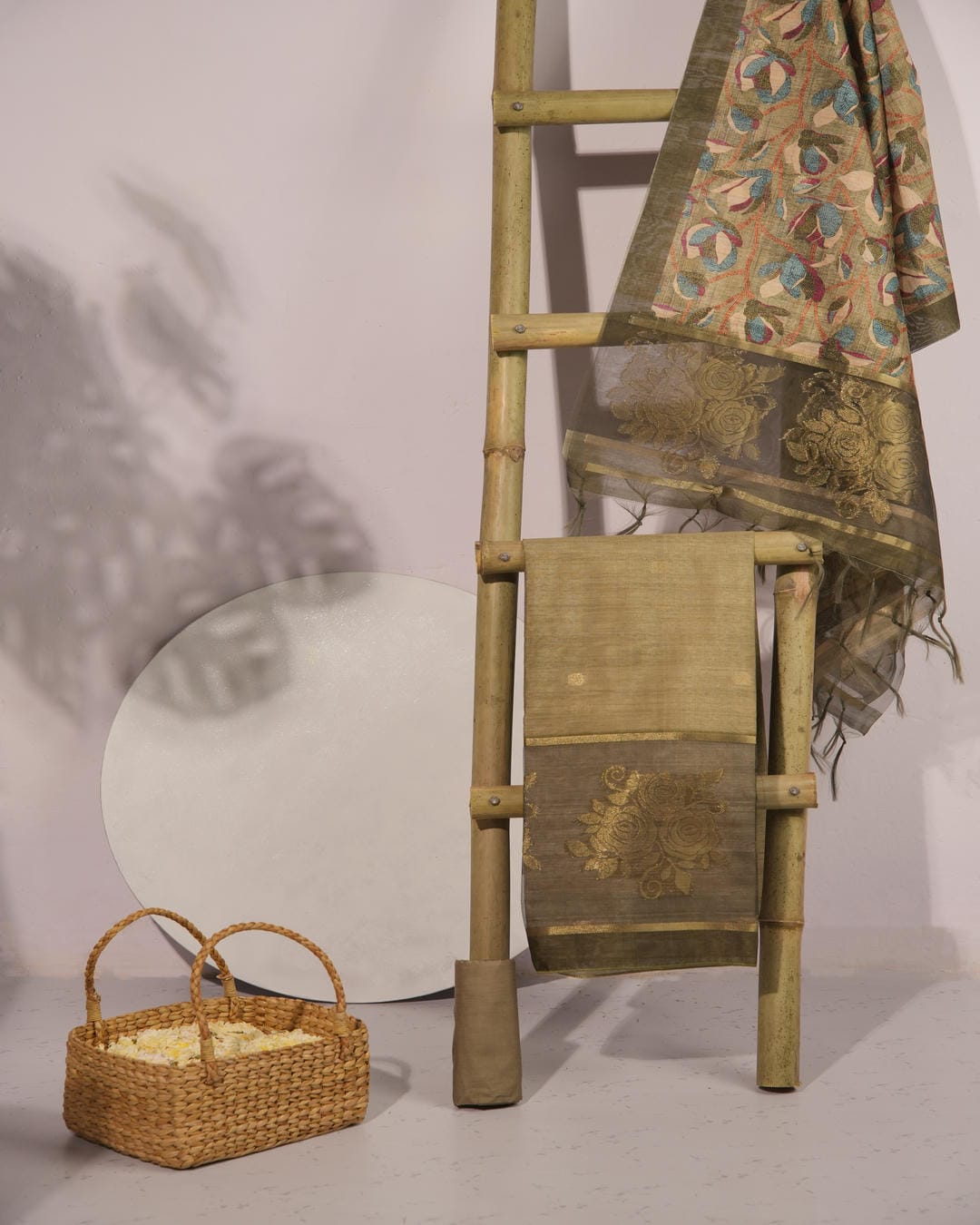 Muted Olive Green and Antique Gold Semi Tussar Silk Unstitched Suit Set