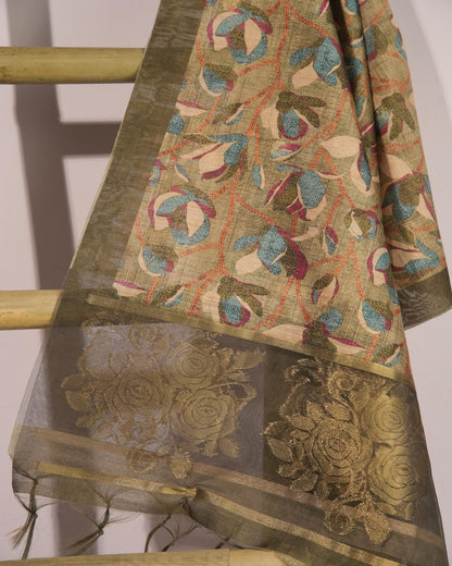 Muted Olive Green and Antique Gold Semi Tussar Silk Unstitched Suit Set