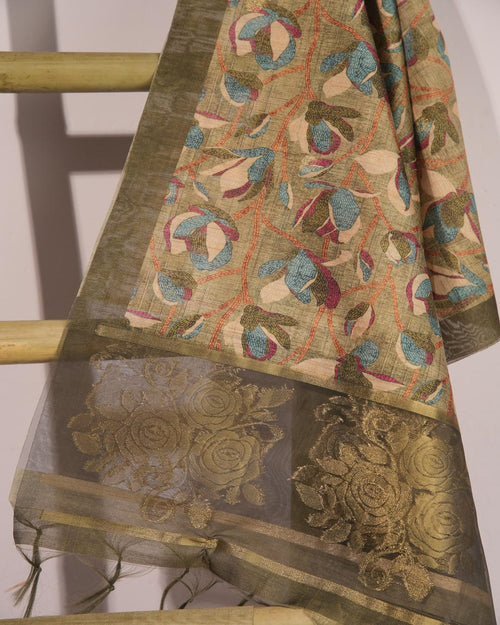 Muted Olive Green and Antique Gold Semi Tussar Silk Unstitched Suit Set