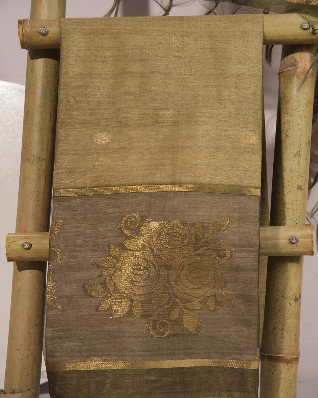 Muted Olive Green and Antique Gold Semi Tussar Silk Unstitched Suit Set