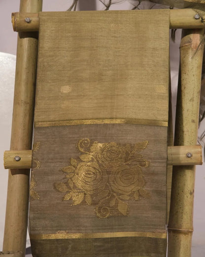 Olive Floral Semi Tussar Silk Unstitched Suit Material with Woven Zari Border