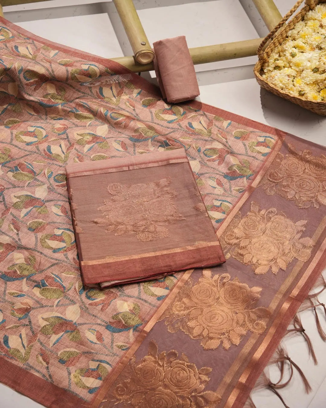 Olive Floral Semi Tussar Silk Unstitched Suit Material with Woven Zari Border