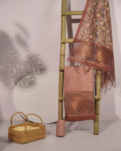 Onion Pink and Mauve-toned Semi Tussar Silk Unstitched Suit Set