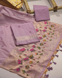 Amethyst Bloom – Lavender Muga Cotton Unstitched Suit with Lotus Print