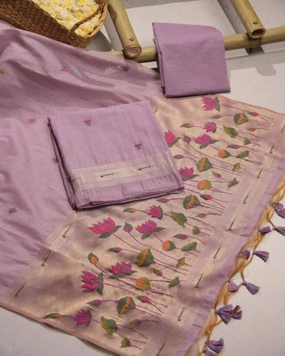 Amethyst Bloom – Lavender Muga Cotton Unstitched Suit with Lotus Print