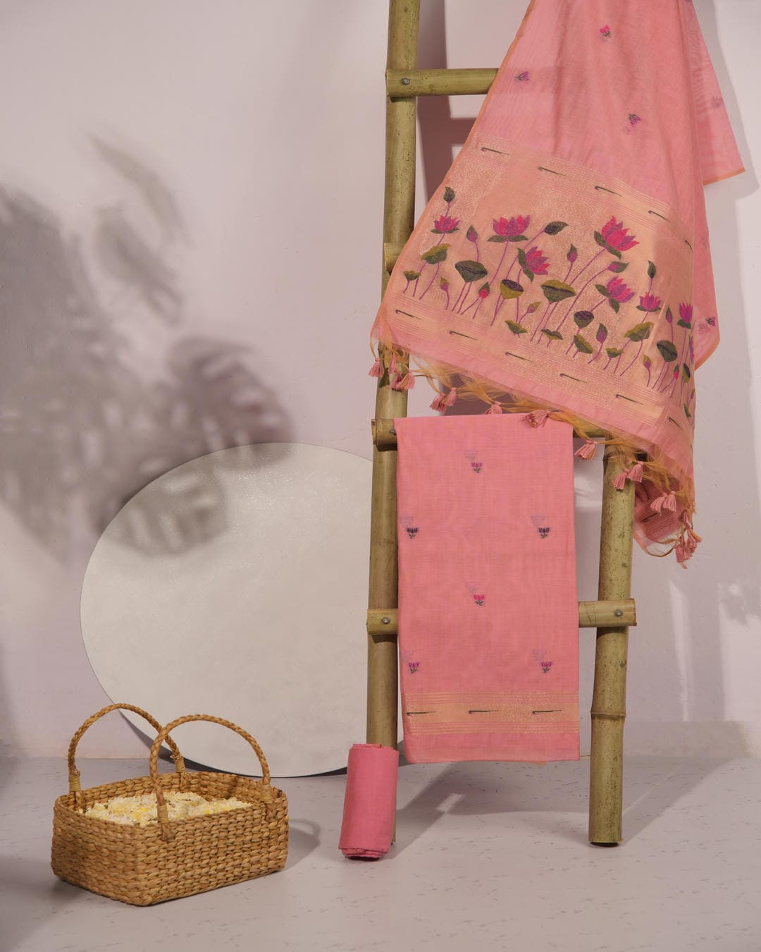 Coral Pink and Golden Zari Muga Cotton Unstitched Suit Set