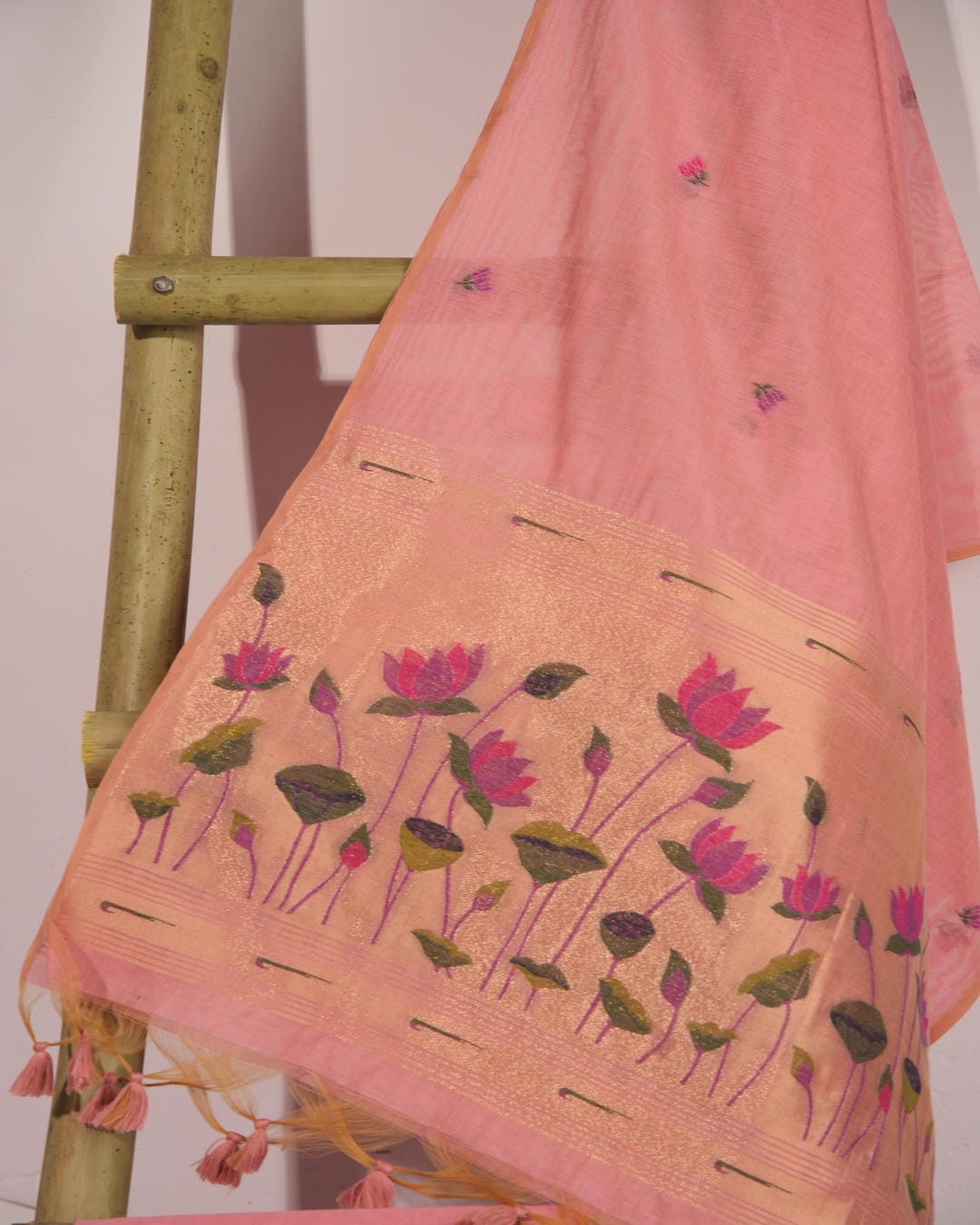 Coral Pink and Golden Zari Muga Cotton Unstitched Suit Set