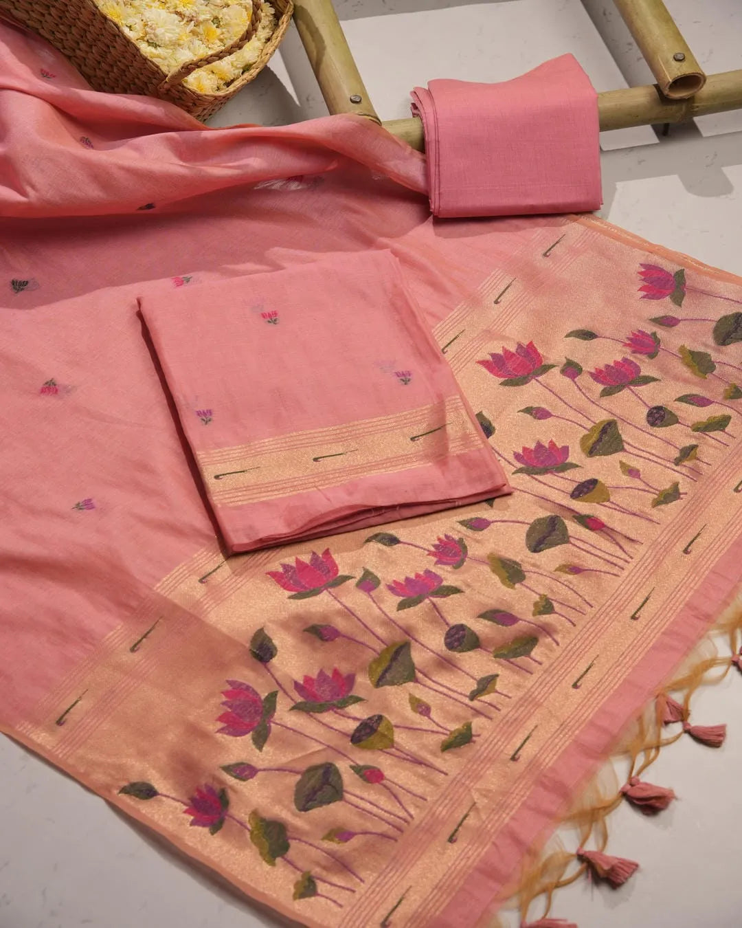 Sky Blue Lotus Motif Muga Cotton Unstitched Suit Material with Zari Border