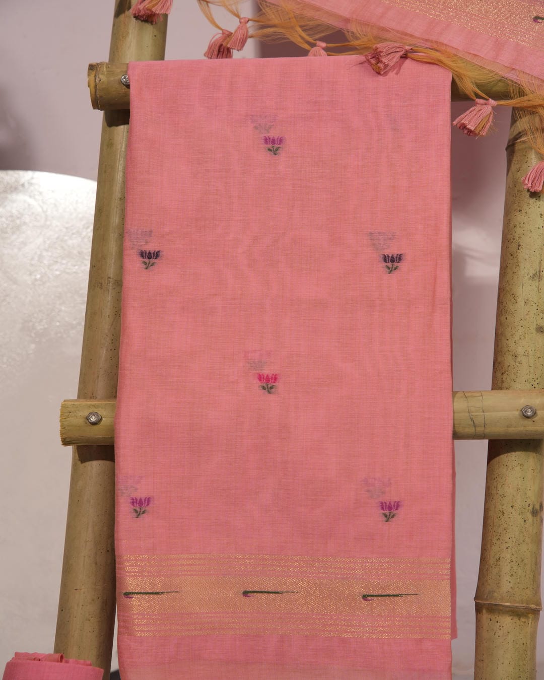 Coral Pink and Golden Zari Muga Cotton Unstitched Suit Set