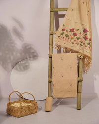 Golden Heritage – Chikoo Muga Cotton Unstitched Suit with Lotus Print