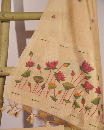 Golden Heritage – Chikoo Muga Cotton Unstitched Suit with Lotus Print