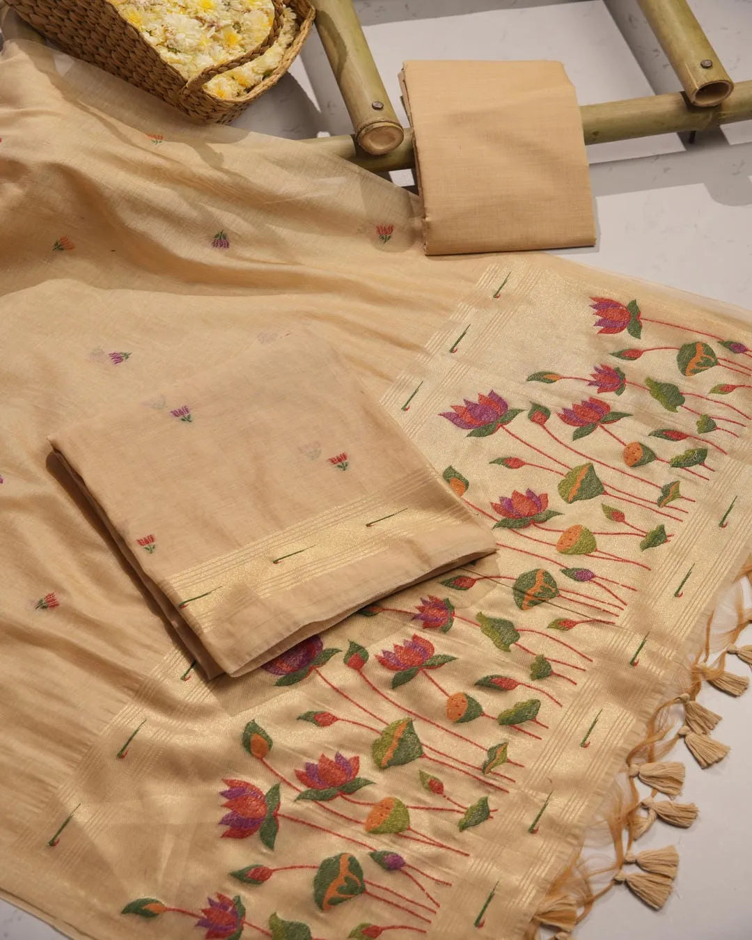 Sky Blue Lotus Motif Muga Cotton Unstitched Suit Material with Zari Border