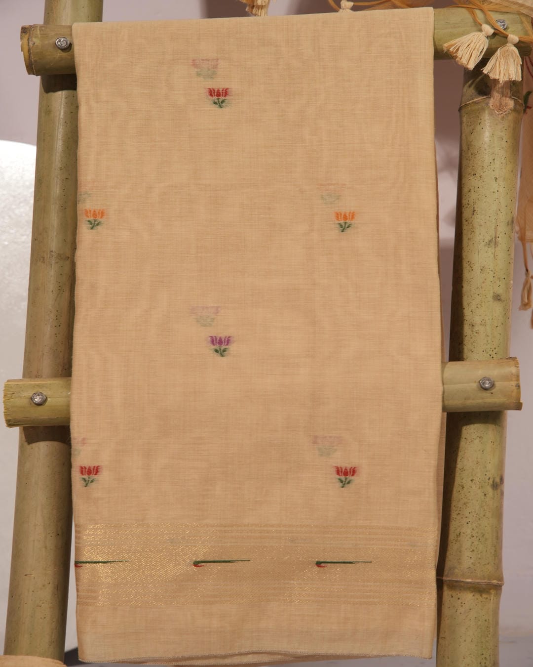 Cream and Multicolored Muga Cotton Unstitched Suit Set