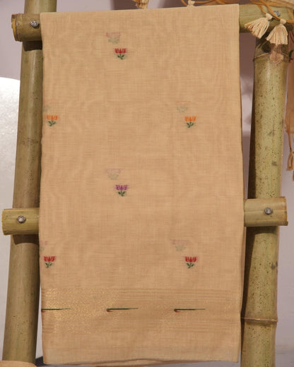 Cream and Multicolored Muga Cotton Unstitched Suit Set