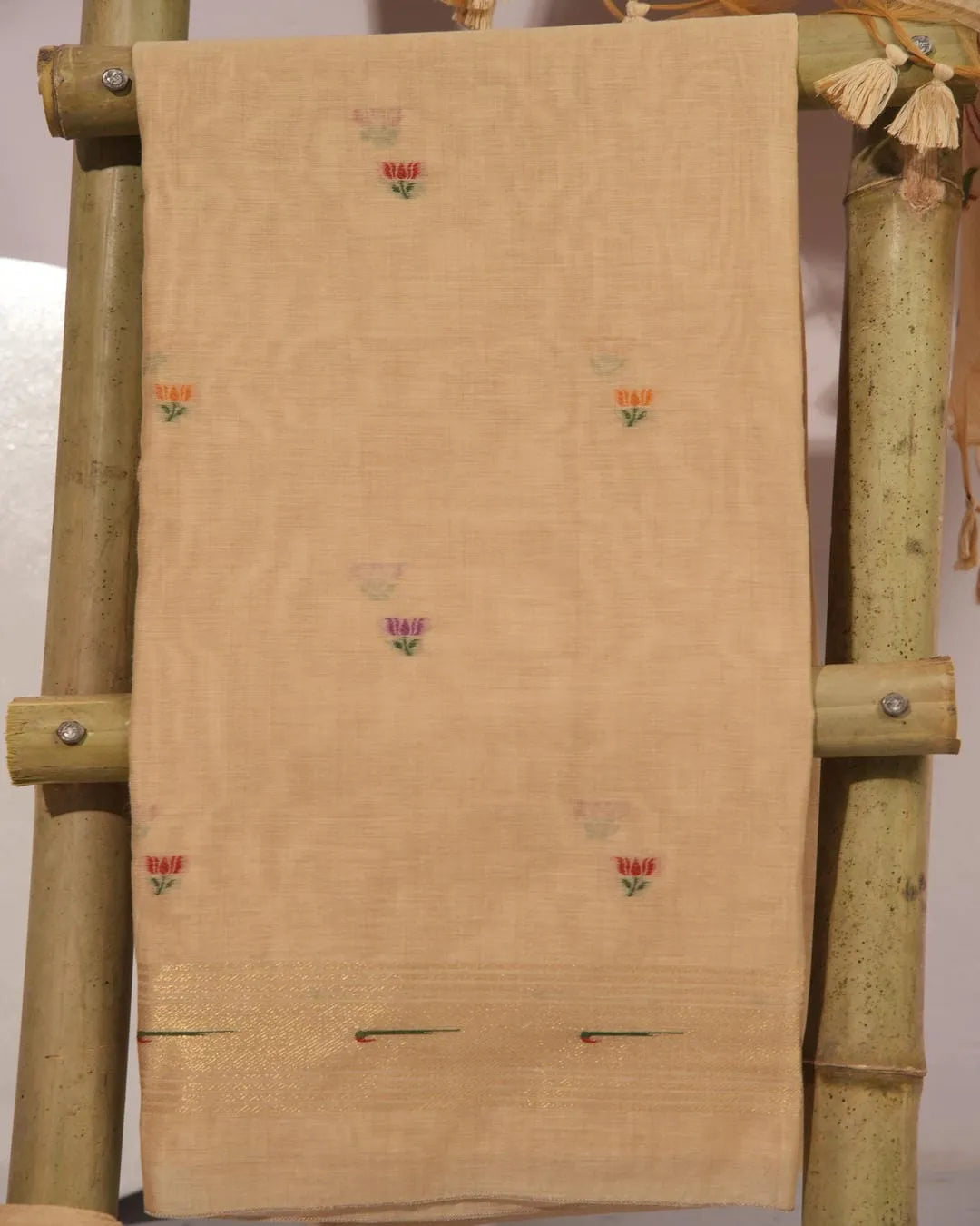 Golden Heritage – Chikoo Muga Cotton Unstitched Suit with Lotus Print