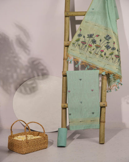 Sea Green and Golden Muga Cotton Unstitched Suit Set