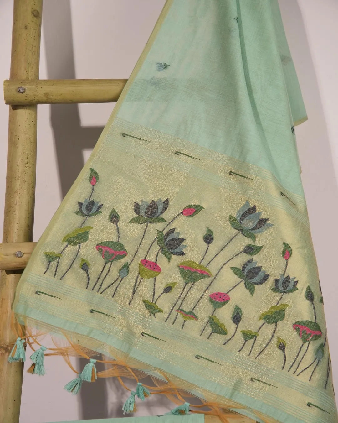 Sky Blue Lotus Motif Muga Cotton Unstitched Suit Material with Zari Border