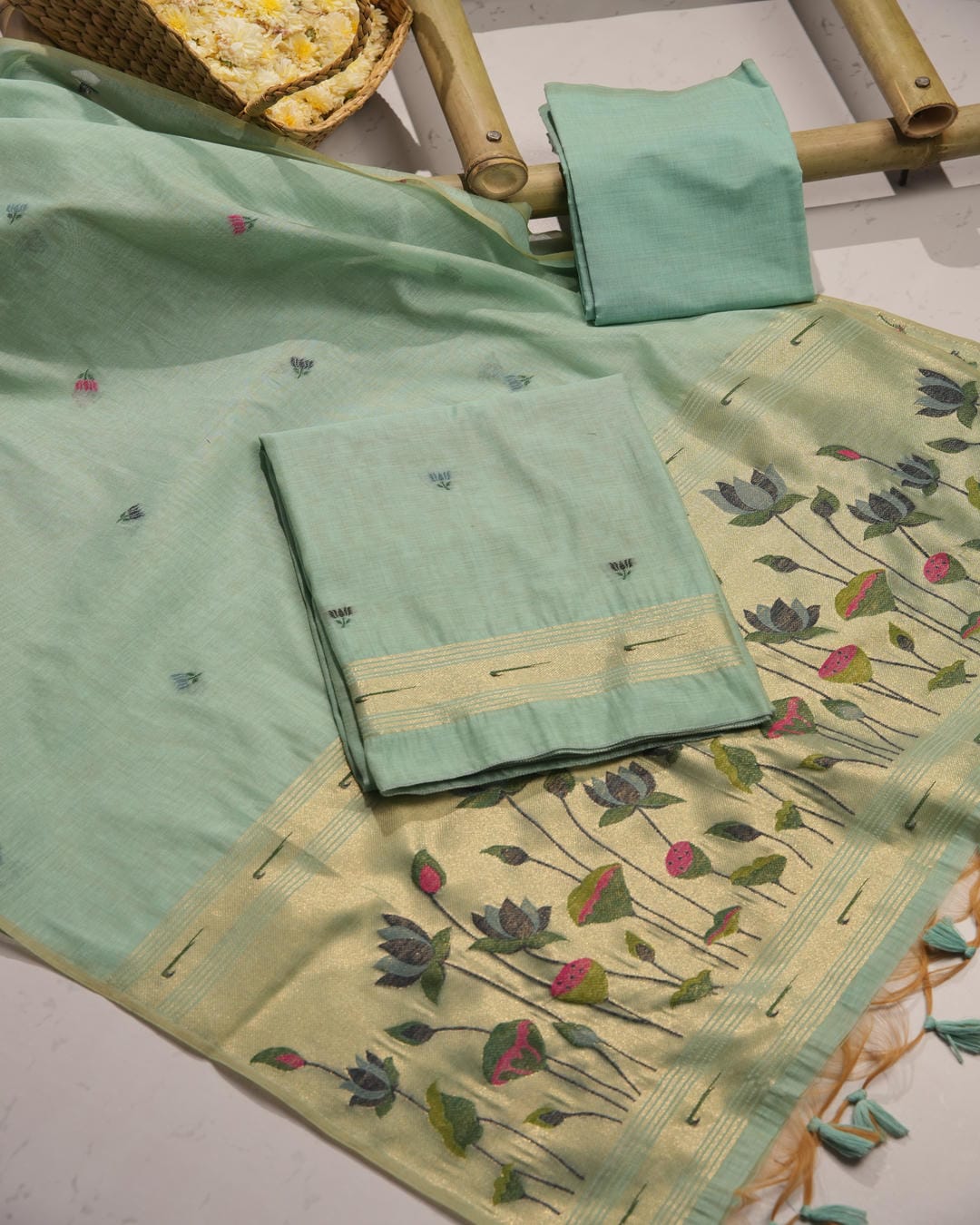 Cream and Multicolored Muga Cotton Unstitched Suit Set