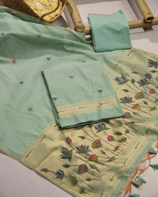 Sky Blue Lotus Motif Muga Cotton Unstitched Suit Material with Zari Border