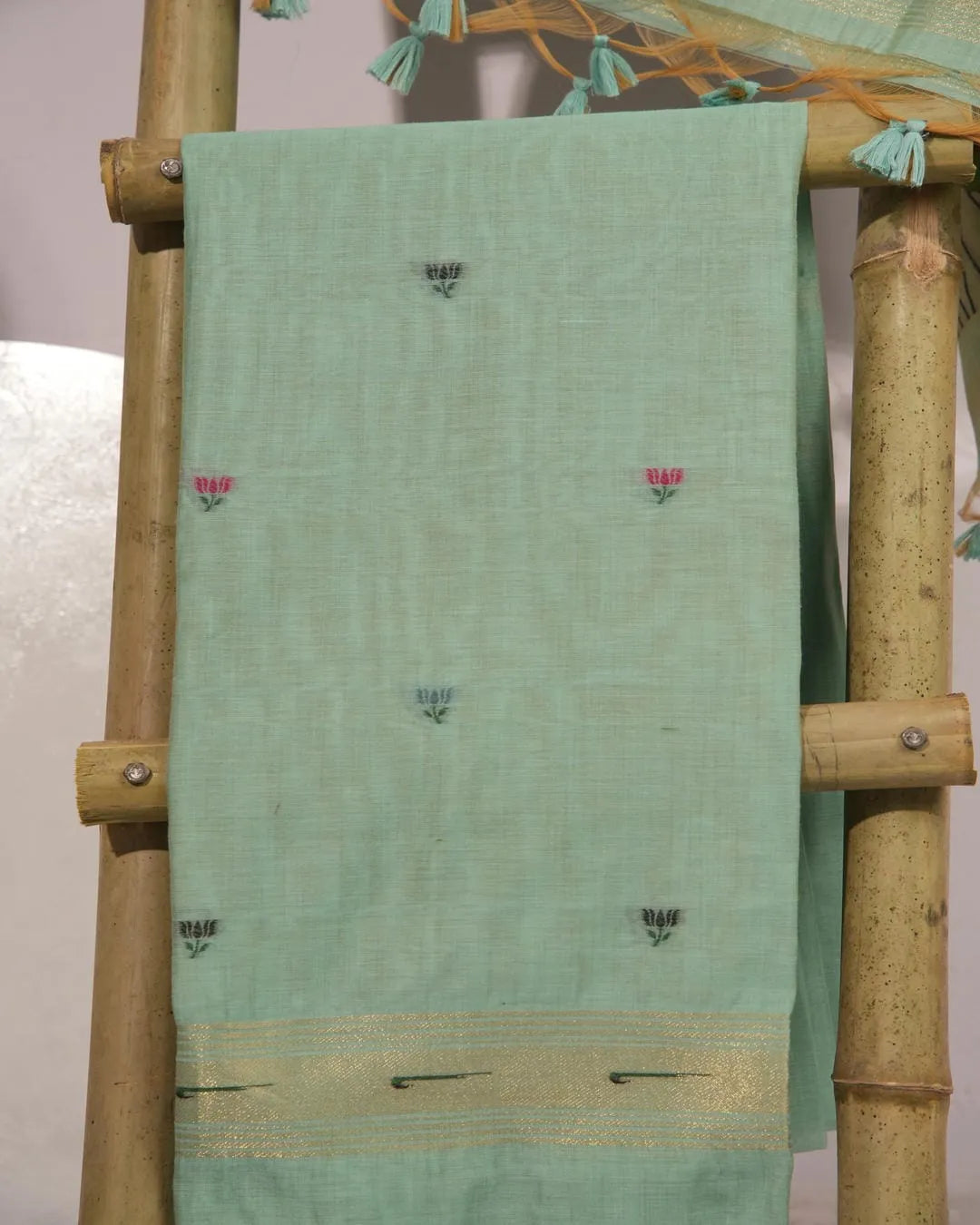 Sky Blue Lotus Motif Muga Cotton Unstitched Suit Material with Zari Border
