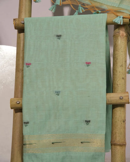 Sky Blue Lotus Motif Muga Cotton Unstitched Suit Material with Zari Border