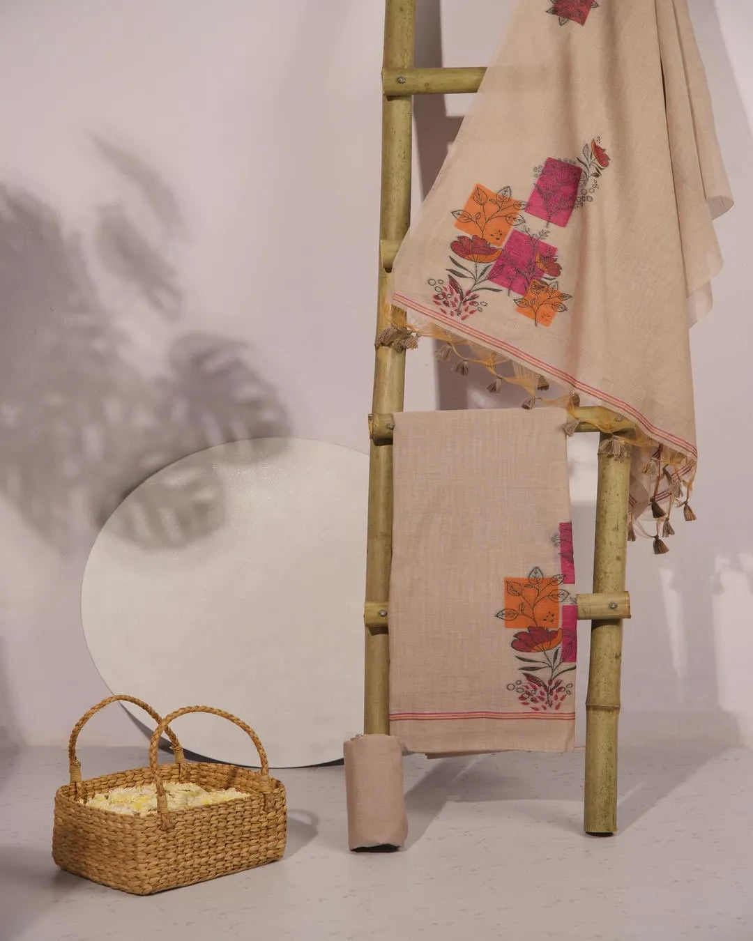 Copper Muga Cotton Unstitched Suit Material with Floral Blocks