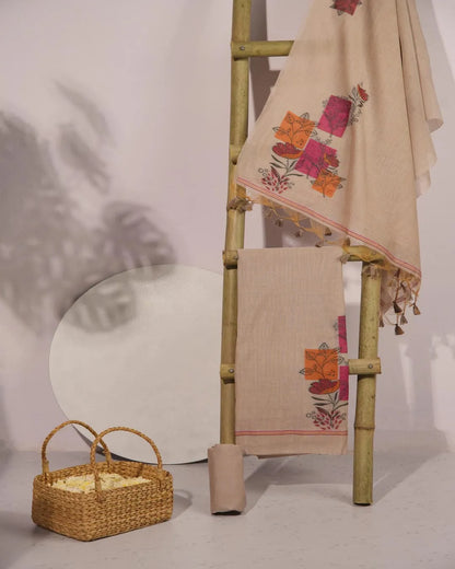 Copper Muga Cotton Unstitched Suit Material with Floral Blocks