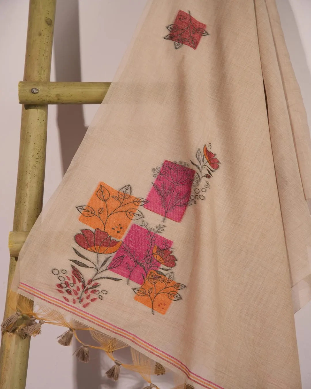 Copper Muga Cotton Unstitched Suit Material with Floral Blocks