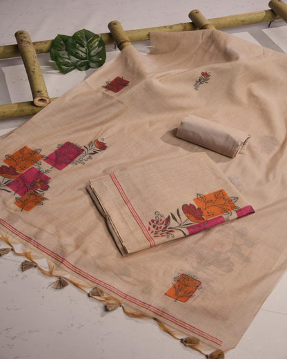 Lime Green and Teal Muga Cotton Unstitched Suit Set.