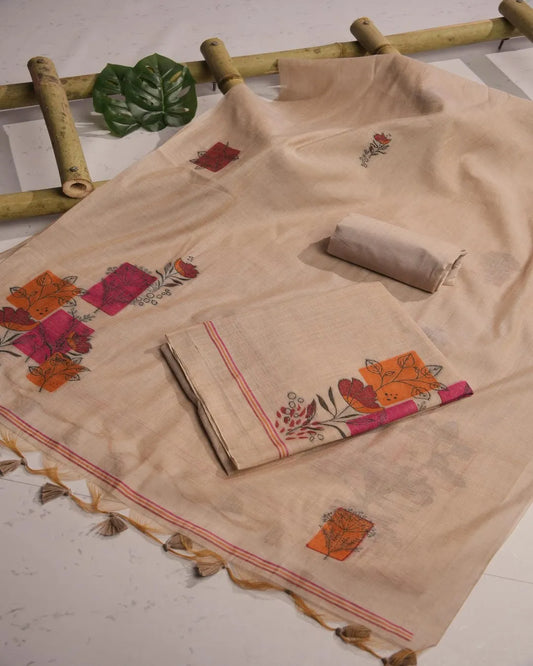 Beige and Multicolored Muga Cotton Unstitched Suit Set