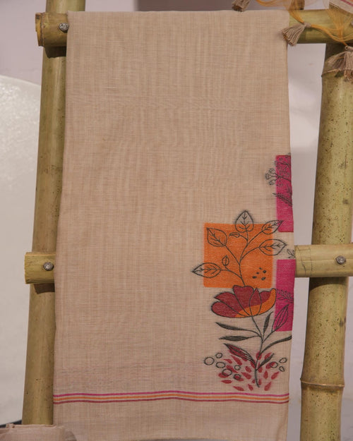 Beige and Multicolored Muga Cotton Unstitched Suit Set