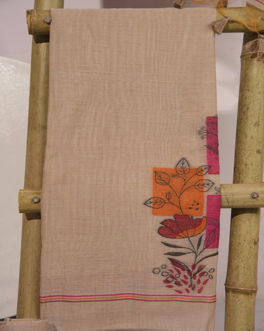 Beige and Multicolored Muga Cotton Unstitched Suit Set