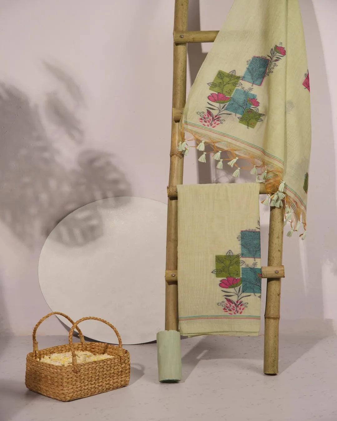 Baby Pink Muga Cotton Unstitched Suit Material with Floral Blocks