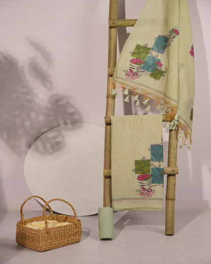 Lime Green and Teal Muga Cotton Unstitched Suit Set.