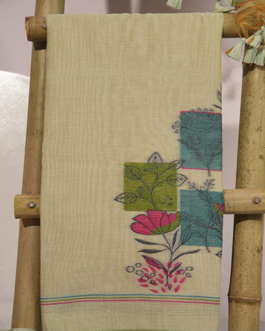 Lime Green and Teal Muga Cotton Unstitched Suit Set.