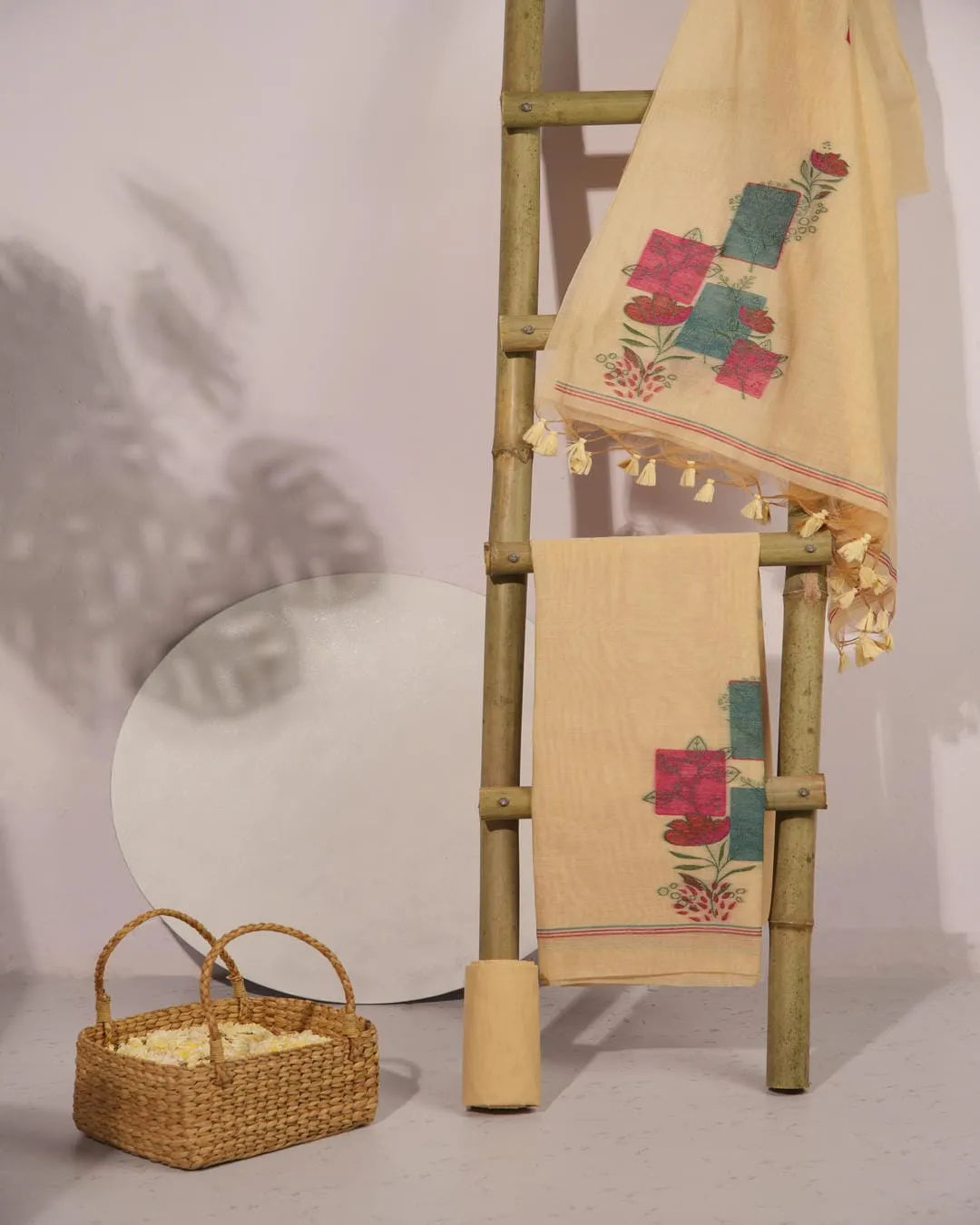 Baby Pink Muga Cotton Unstitched Suit Material with Floral Blocks