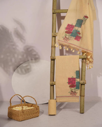 Cream Muga Cotton Unstitched Suit Material with Floral Blocks