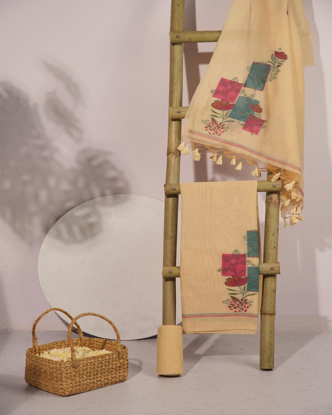 Peach and Teal Muga Cotton Unstitched Suit Set