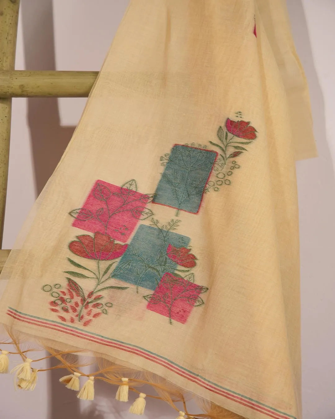 Cream Muga Cotton Unstitched Suit Material with Floral Blocks